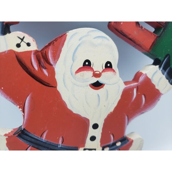 Christmas Santa Claus Noel Hanging Wall Decor Wooden Hand Painted Vintage - Picture 2 of 6